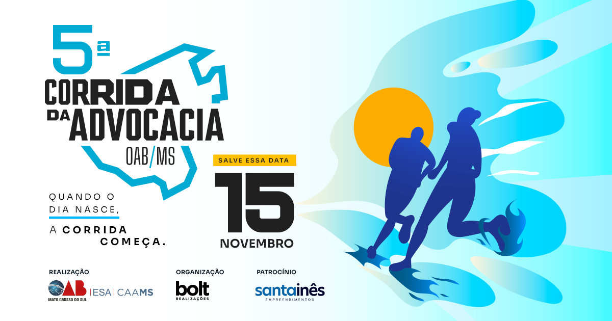 Banner oficial da 5ª Corrida da Advocacia OAB/MS com data, corredores e marcas parceiras